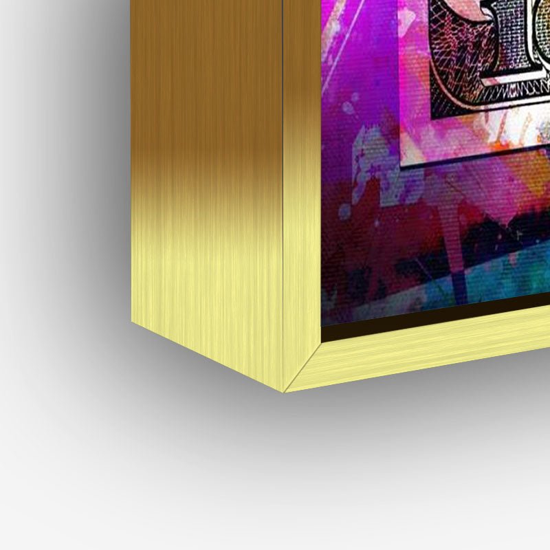 Painting of a dollar in a gold frame closeup