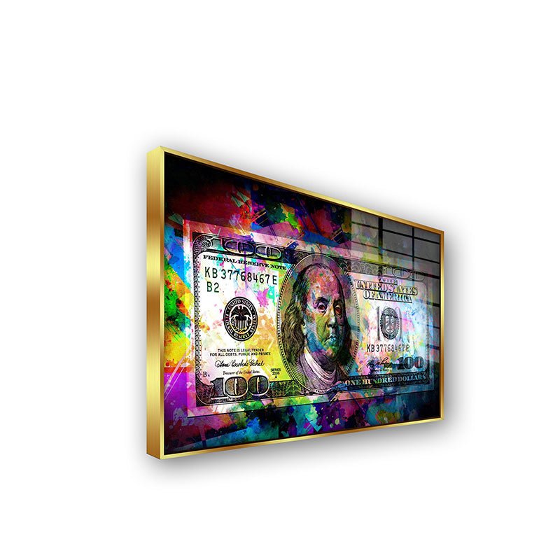 Painting of a dollar in a gold frame side view