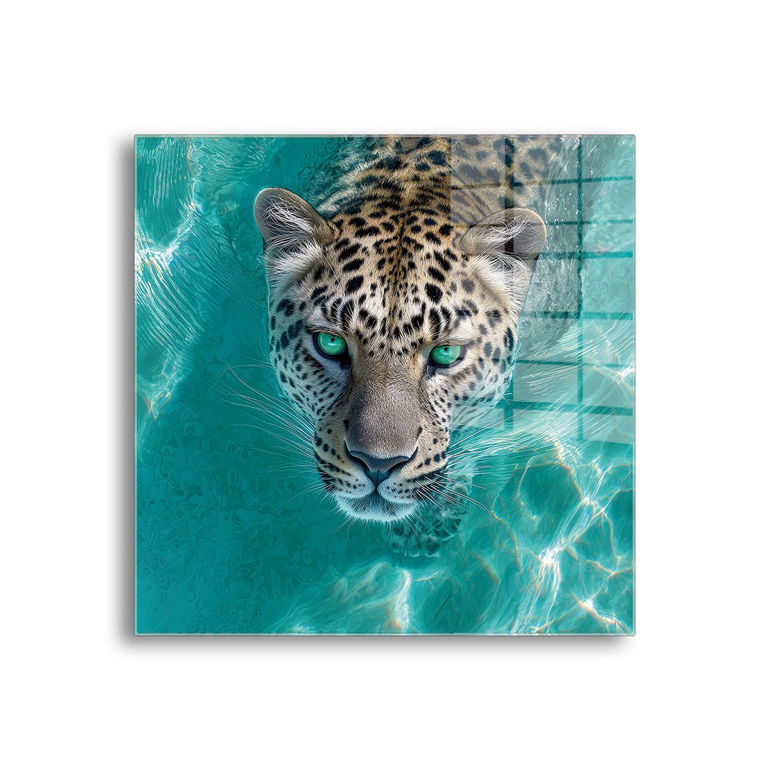 aqua leopard glasschilderij voorkant