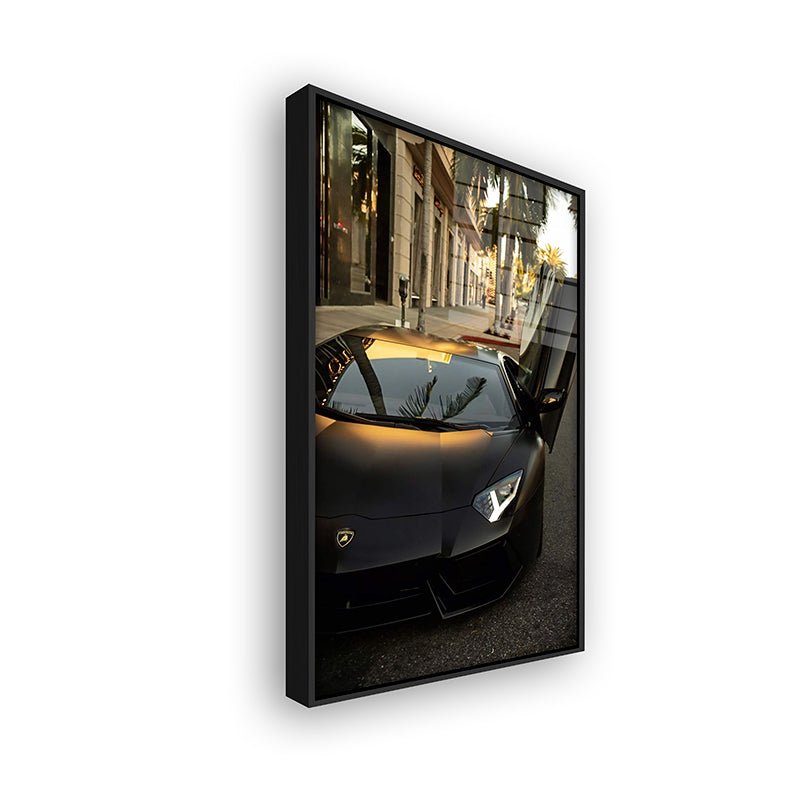 Painting of a aventador in a black frame side view