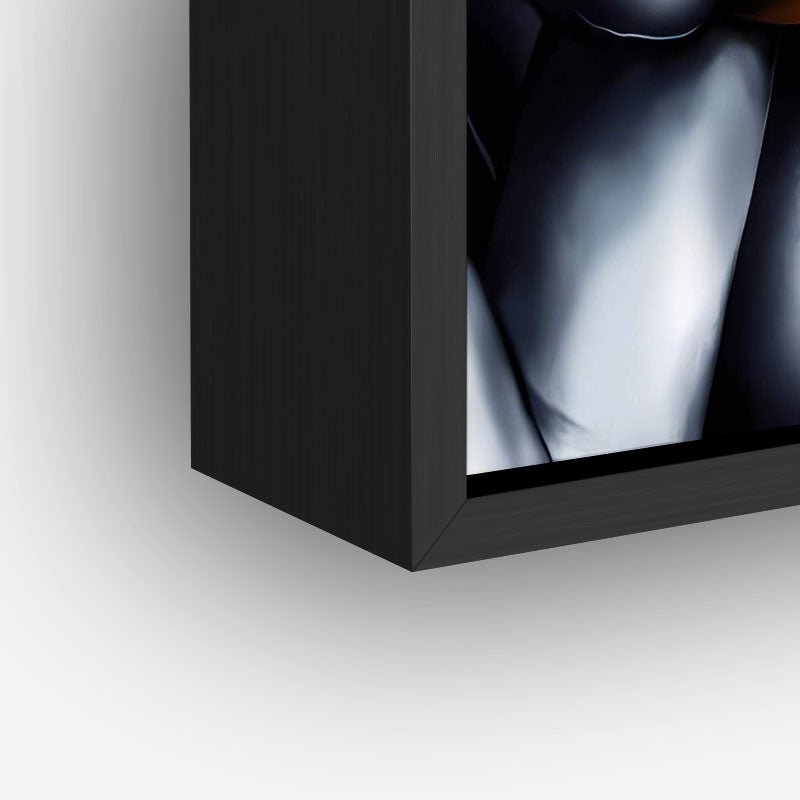 Painting of bitcoin lips in a black frame close up