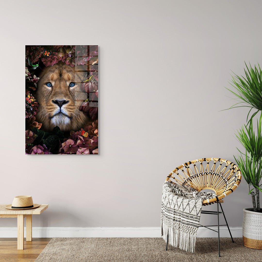 Bloemen leeuw glasschilderij interieur