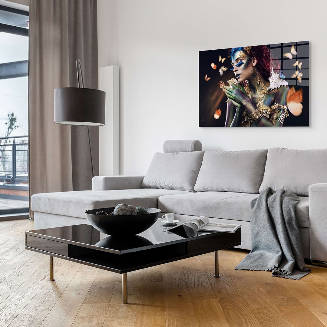 Gouden vlinders glasschilderij interieur