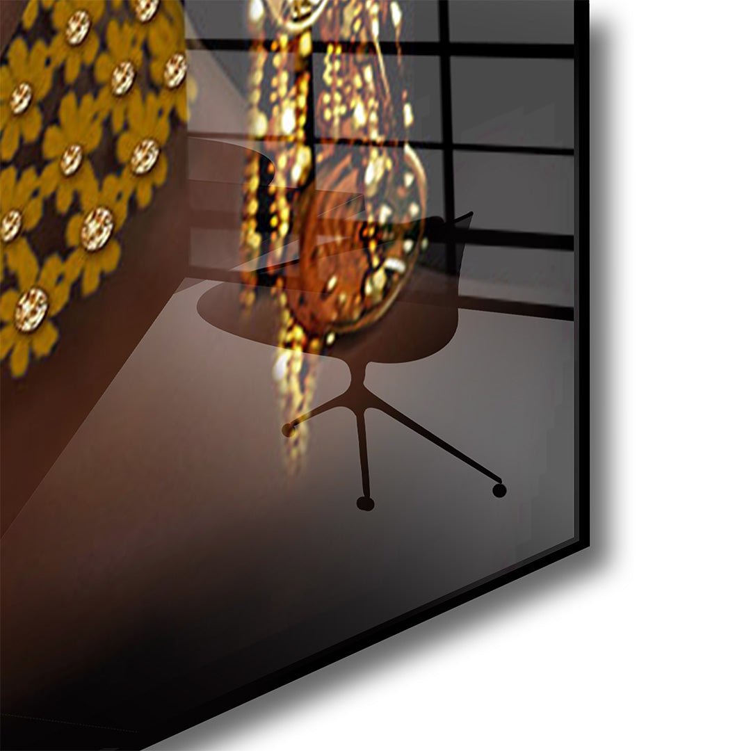 Gouden vrouw glasschilderij hoekfoto