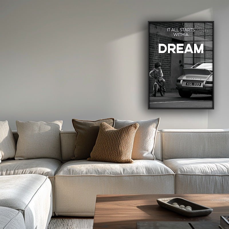 It All Starts With a Dream painting in a black frame inside