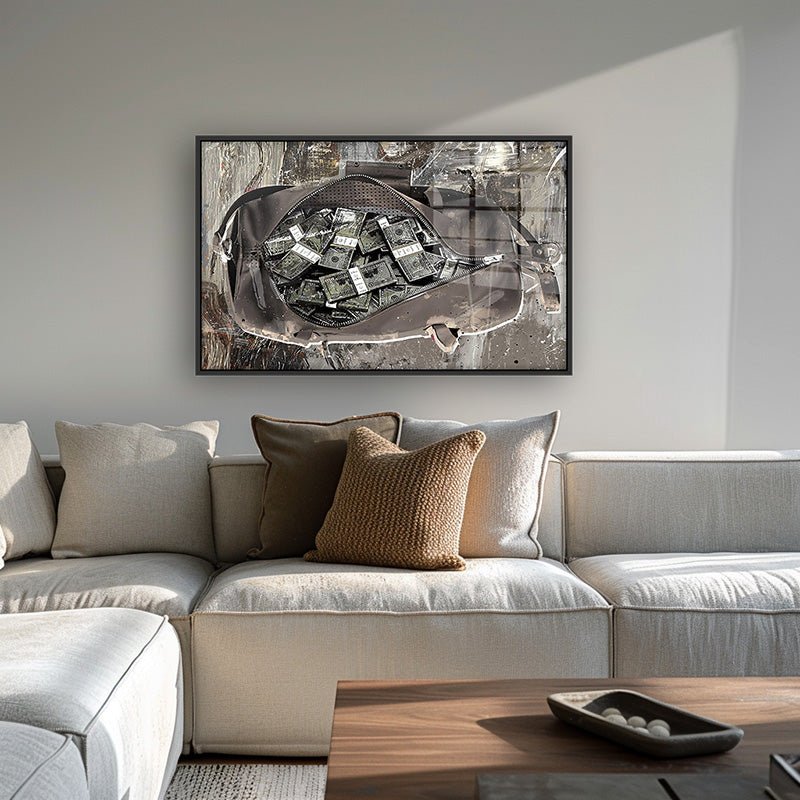 Money Bag painting in a black frame inside