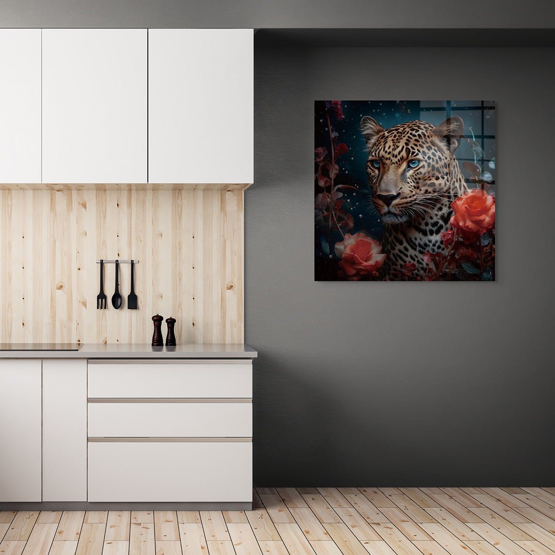 Panter met rozen glasschilderij interieur
