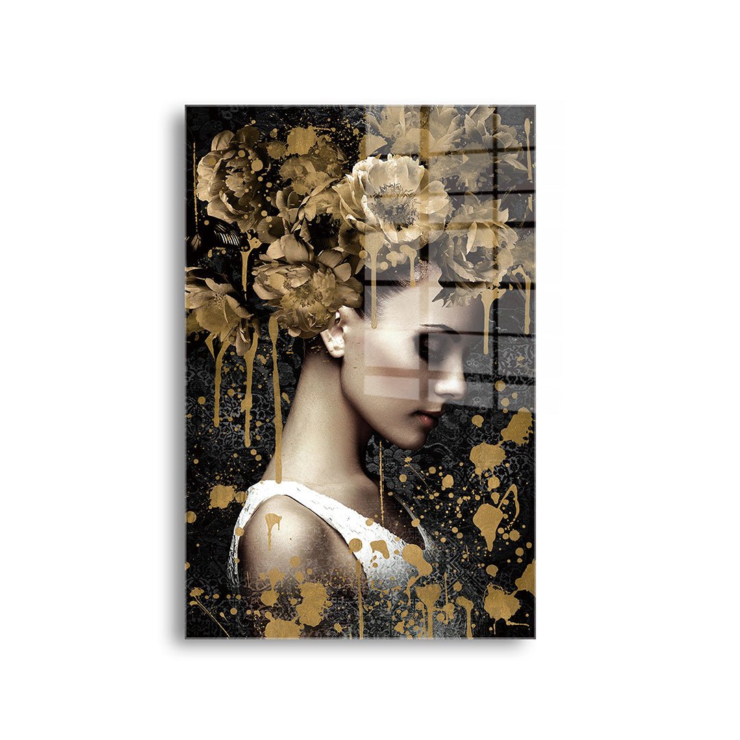 Vrouw met gouden bloemen glasschilderij voorkant