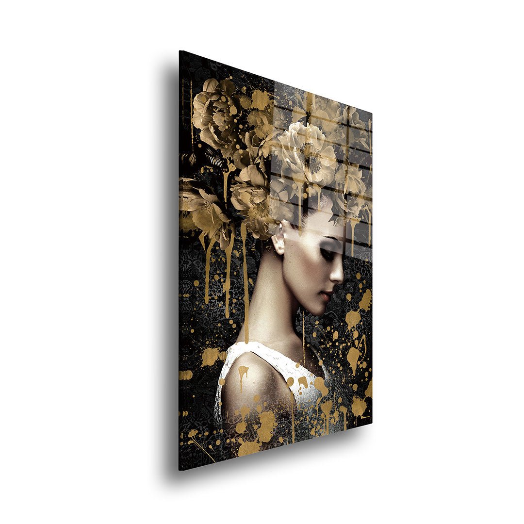 Vrouw met gouden bloemen glasschilderij zijkant