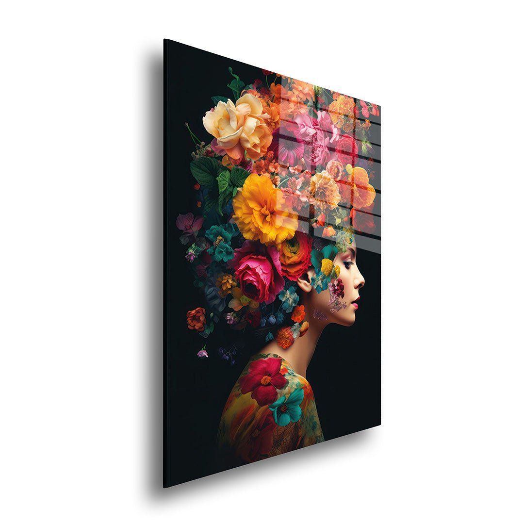 Vrouw met heldere kleuren glasschilderij zijkant