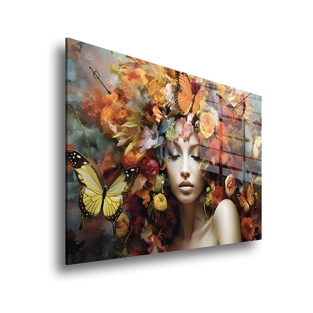 Woman with flower head glass painting without frame side view