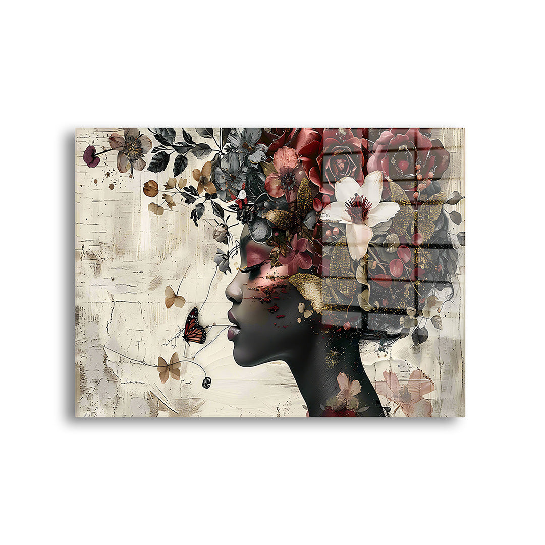 Abstract woman with flowers glass painting without frame front view