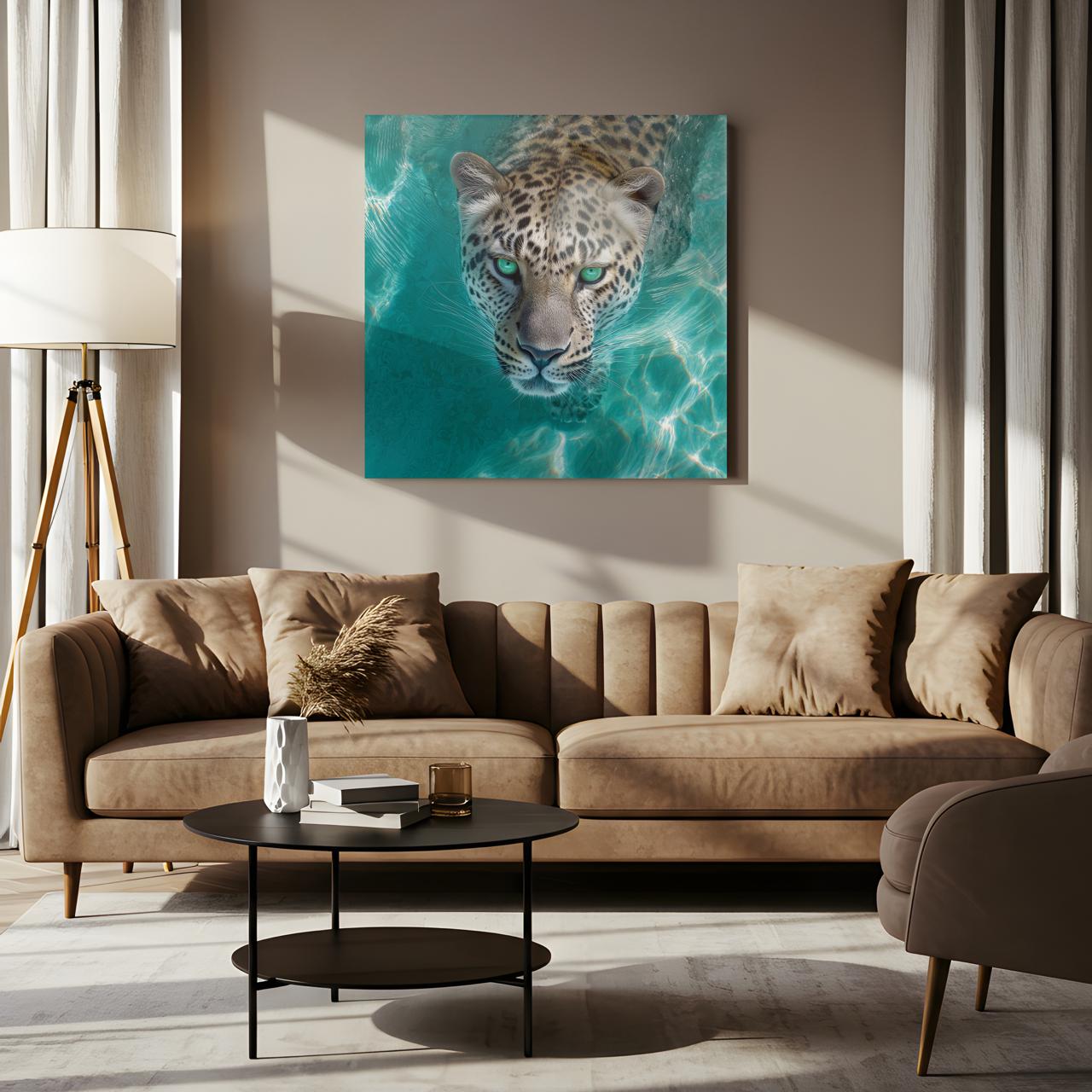 aqua leopard glasschilderij interieur