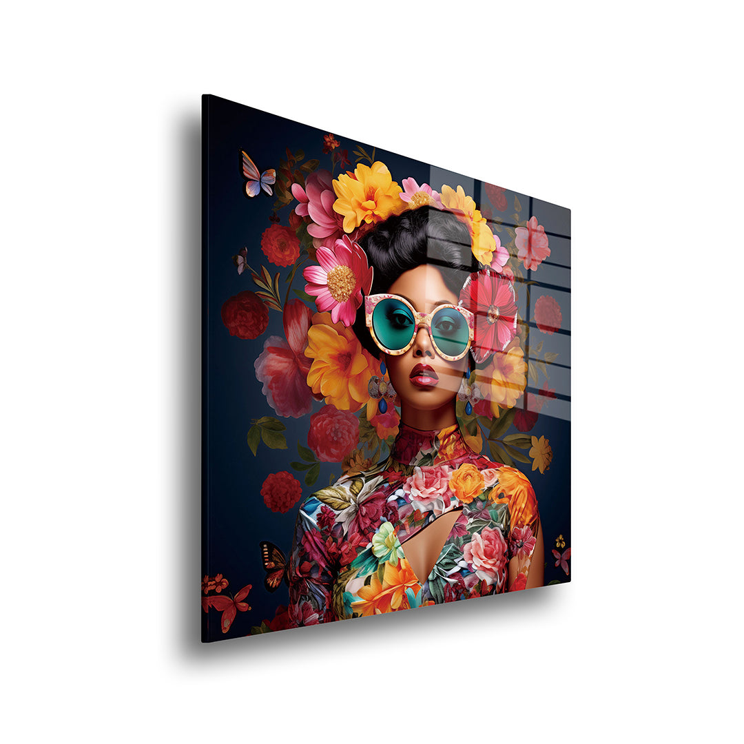 Colorful woman glass painting without frame side view