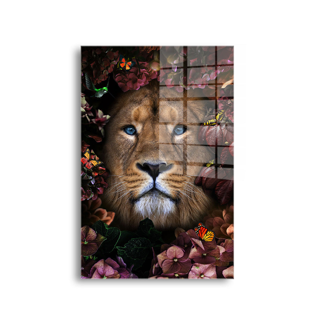 Flower lion glass painting without frame front view