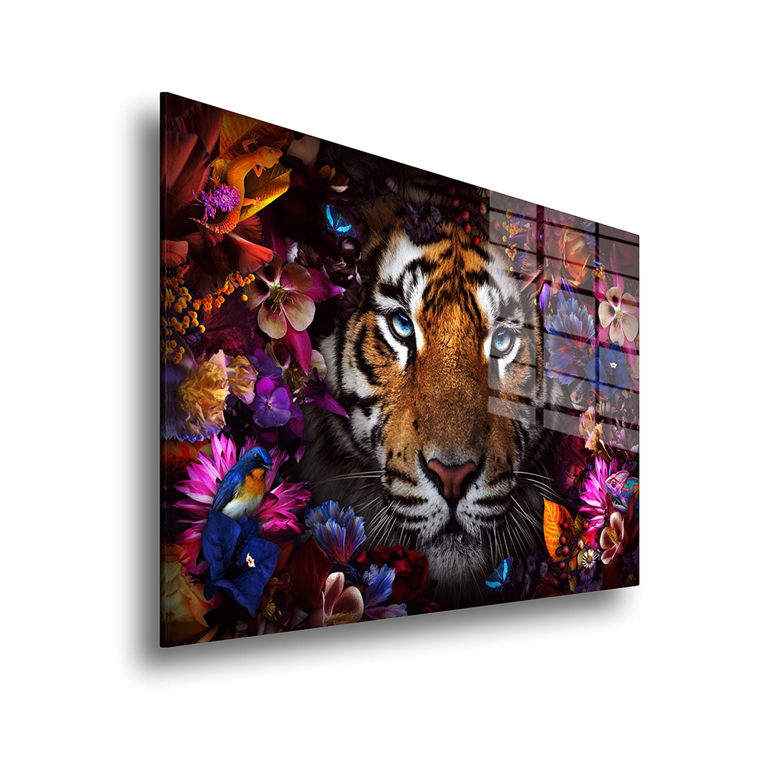 Flower tiger glass painting without frame side view