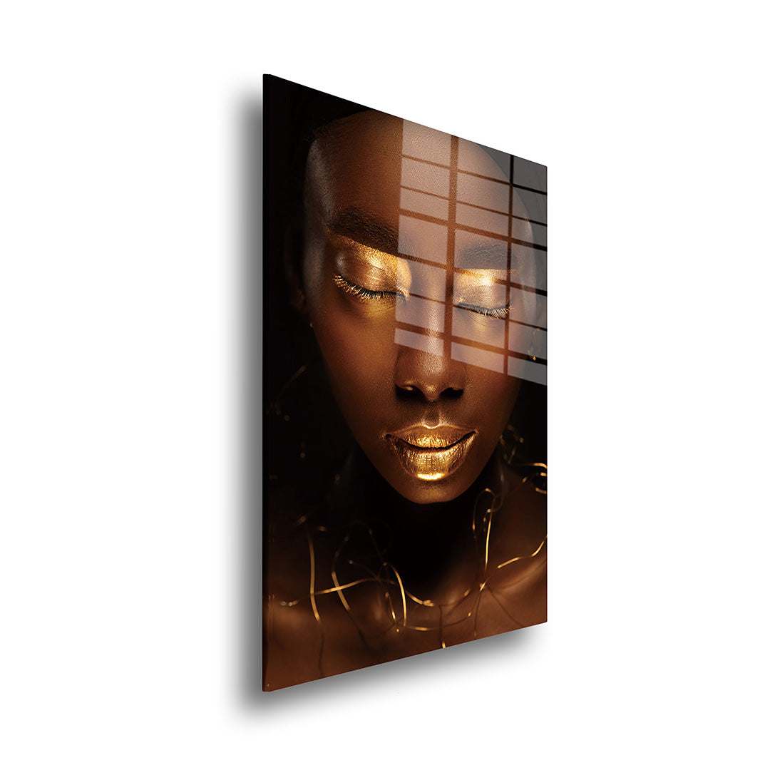 Golden face glass painting without frame side view