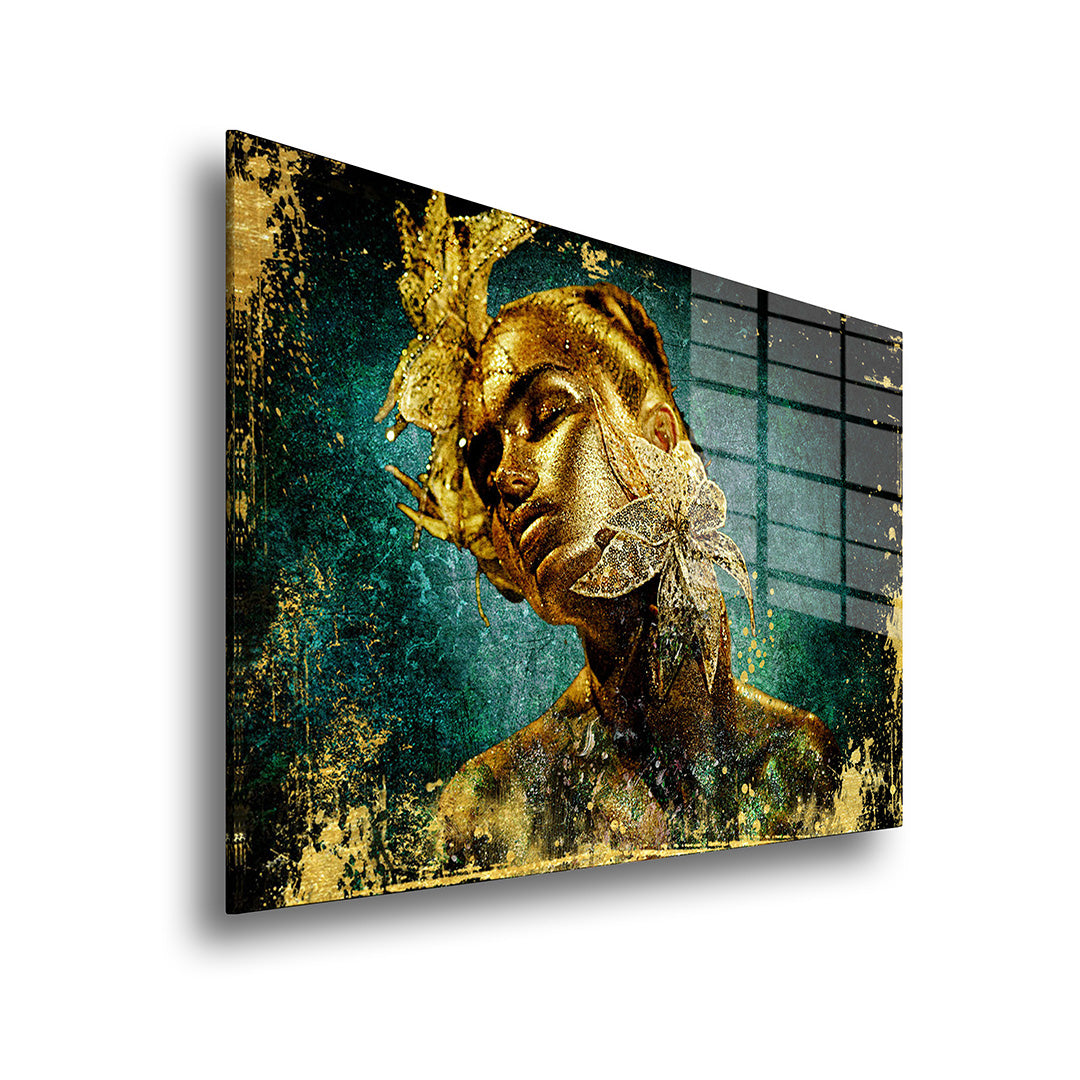 Golden flower woman glass painting without frame side view