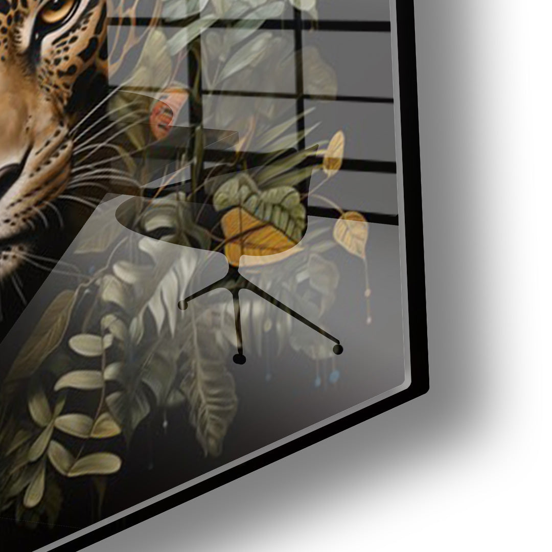 Jungle Panther glass painting without frame, closeup