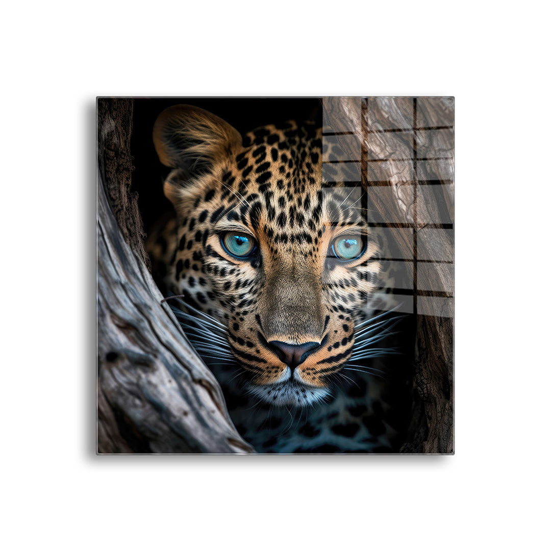 Leopard blue eyes glass painting without frame front view