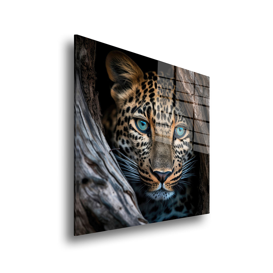 Leopard blue eyes glass painting without frame side view