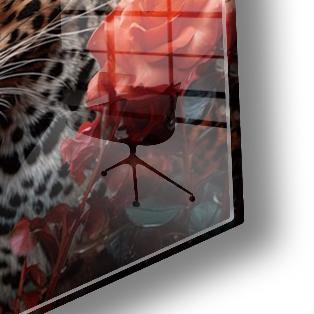 Panther with Roses glass painting without frame, closeup