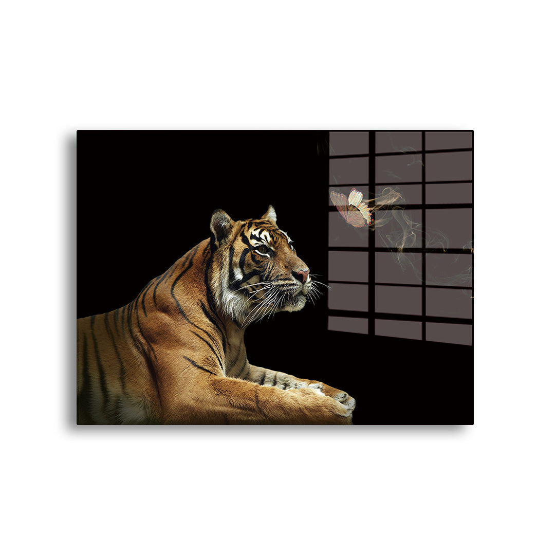 Tiger with butterfly glass painting without frame front view