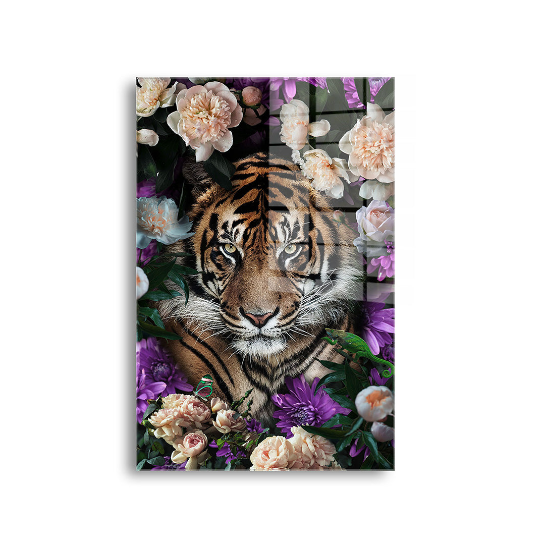 Tiger with flowers glass painting without frame front view