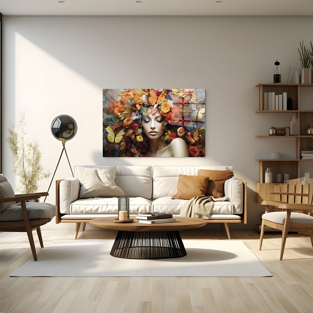 Vrouw met bloemenhoofd glasschilderij interieur 