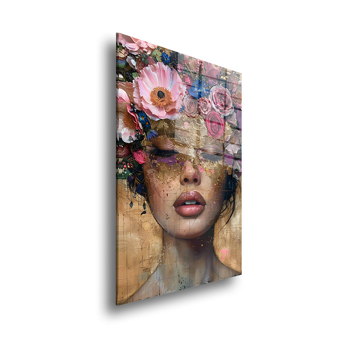 Woman with colorful flowers glass painting without frame side view