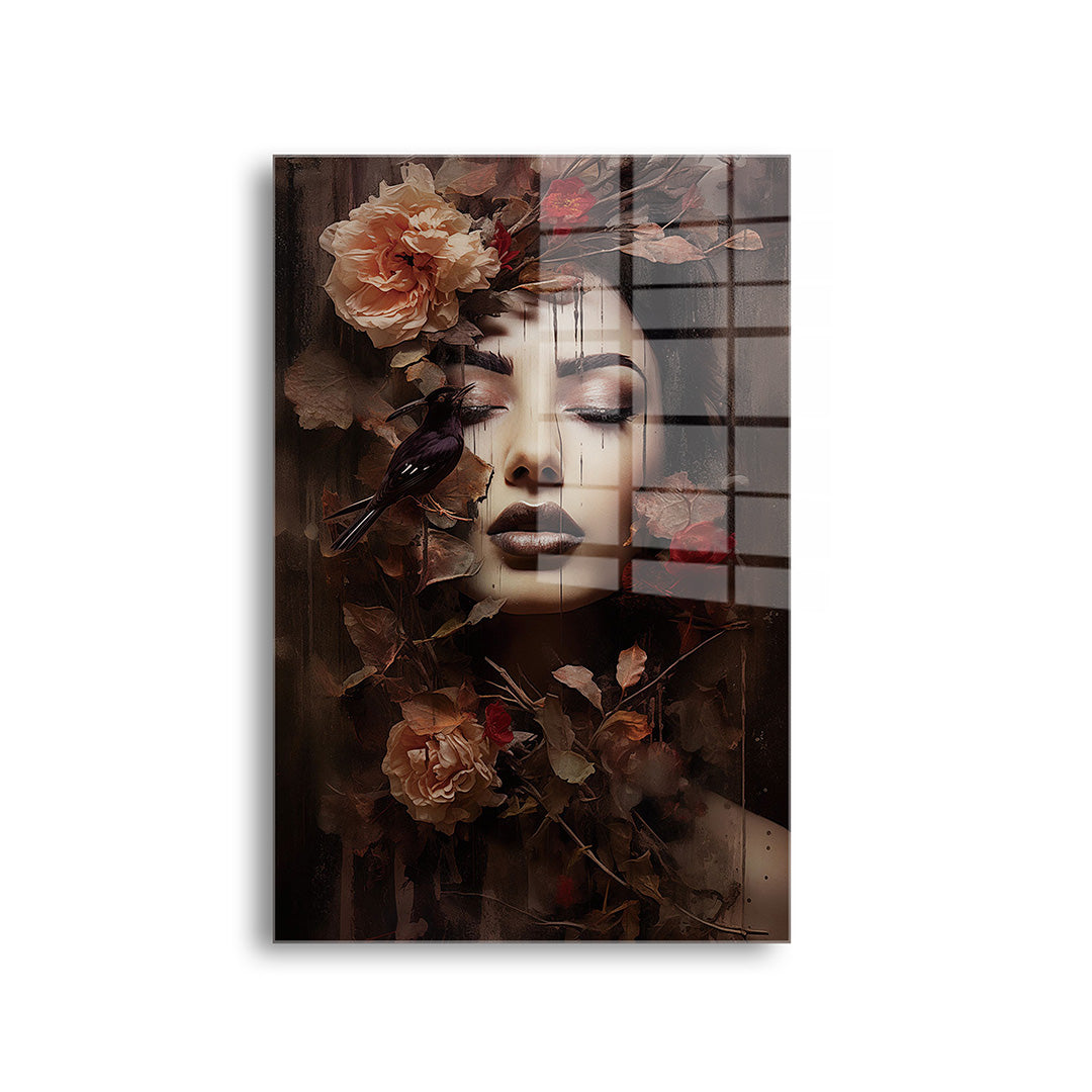 Woman with dark flowers glass painting without frame front view