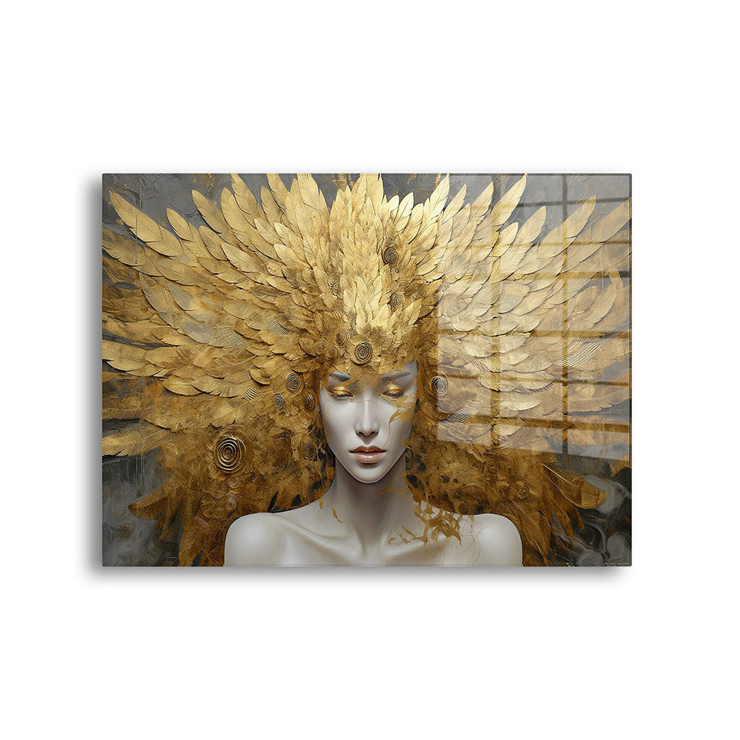 Woman with golden headdress glass painting without frame front view