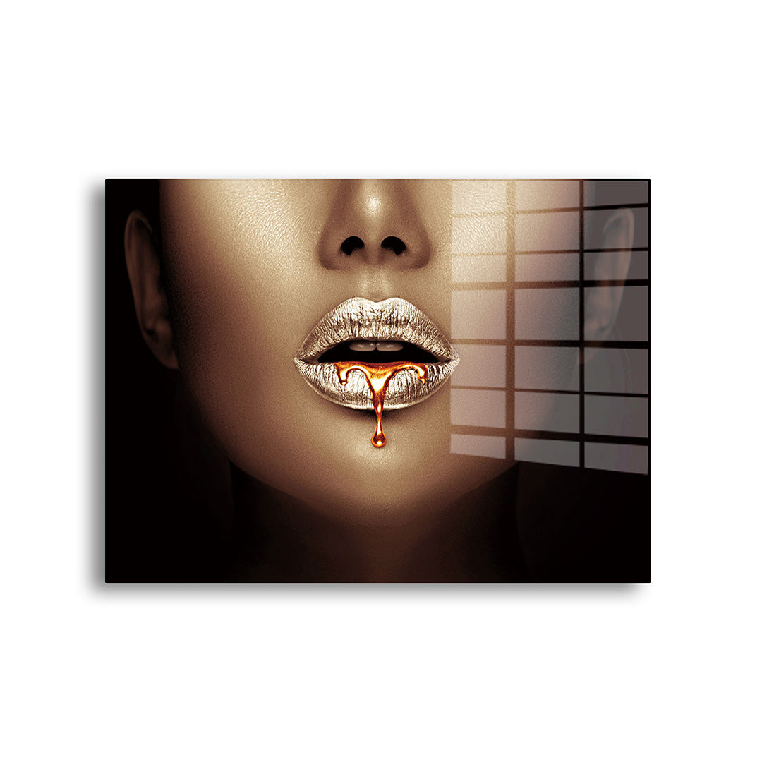 Woman with golden lips glass painting without frame front view