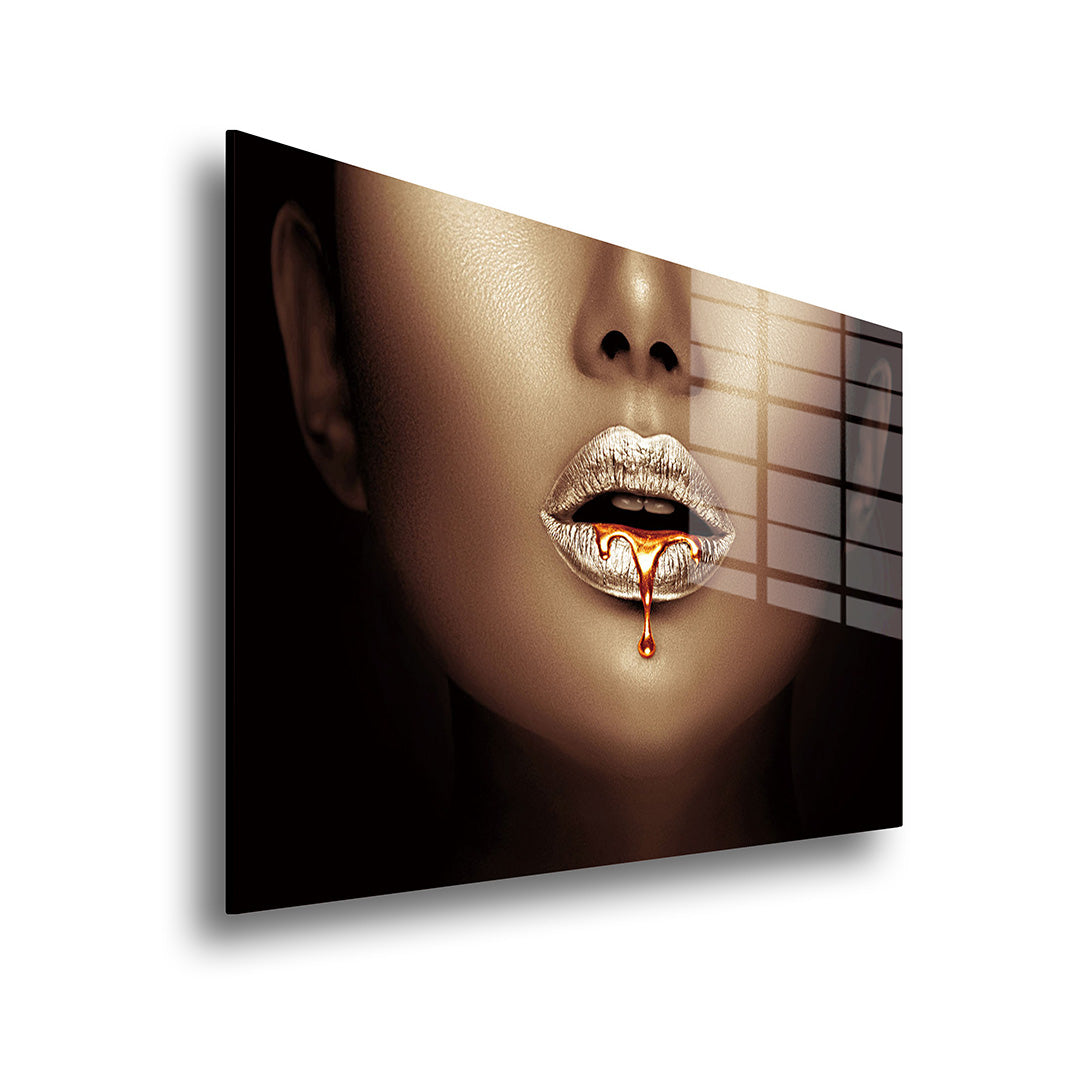 Woman with golden lips glass painting without frame side view