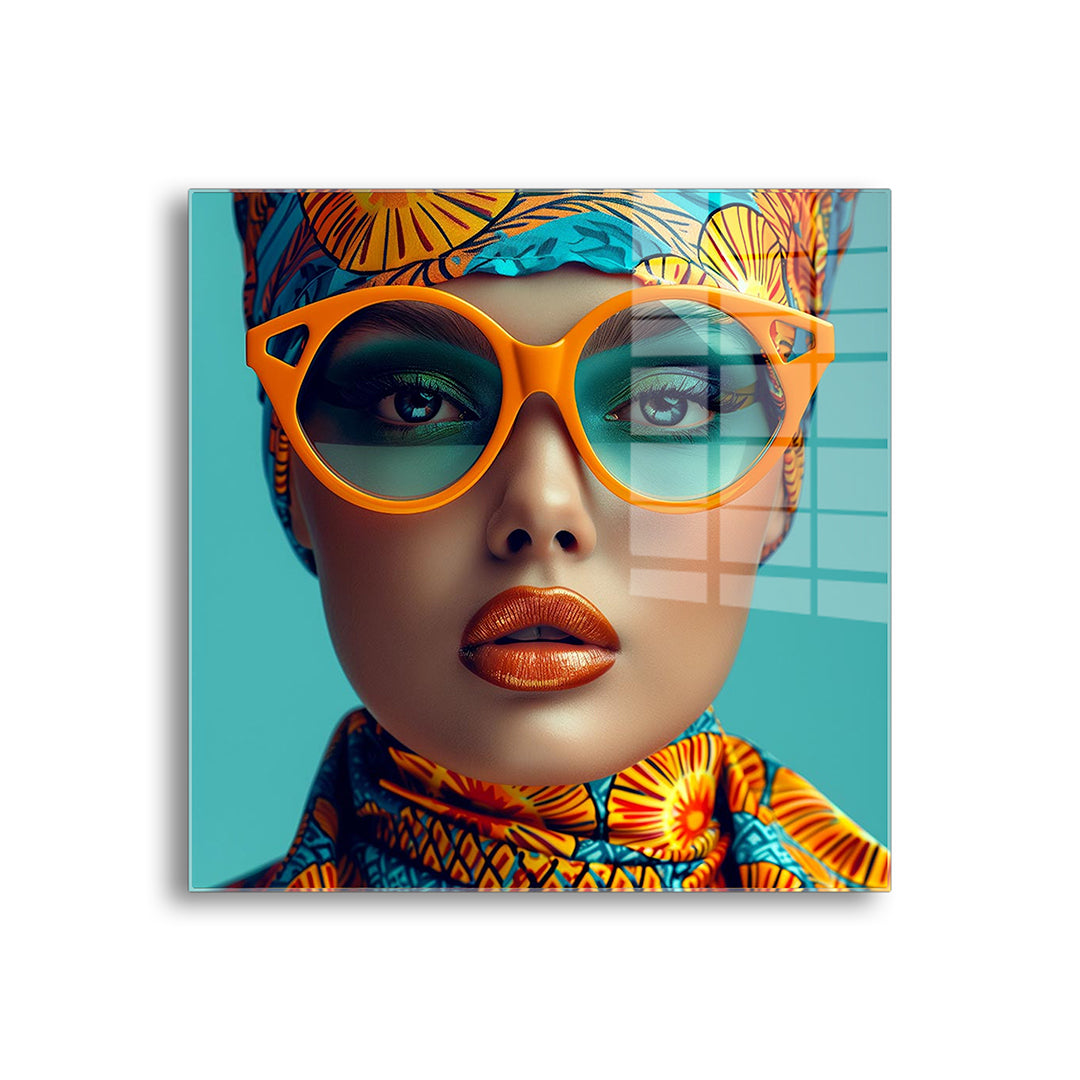 Woman with orange glasses glass painting without frame front view