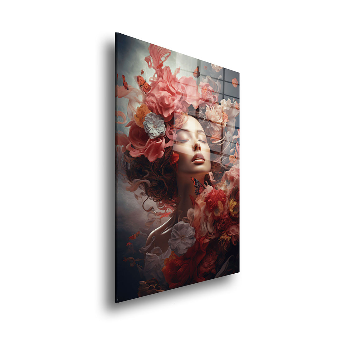 Woman with red flowers glass painting without frame side view